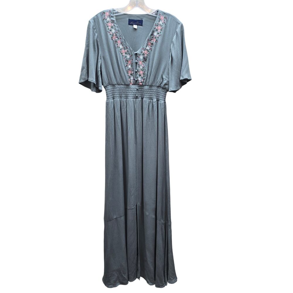 Blue Rain Women's Embroidered Floral Maxi Dress Flutter Sleeves Green Size Small